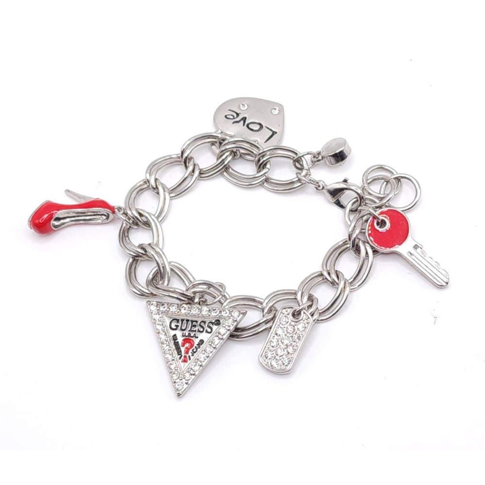 Guess Charm Bracelet Heart Key Heel Rhinestone Silver Tone
